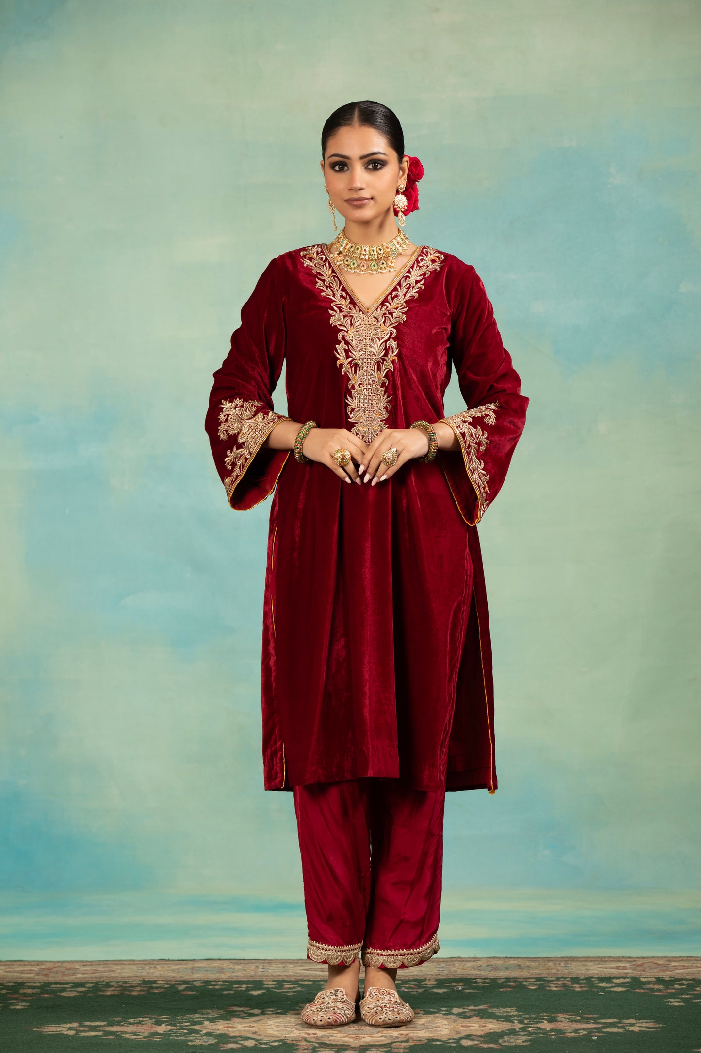 Velvet Dabka Embroidered Kurta Set