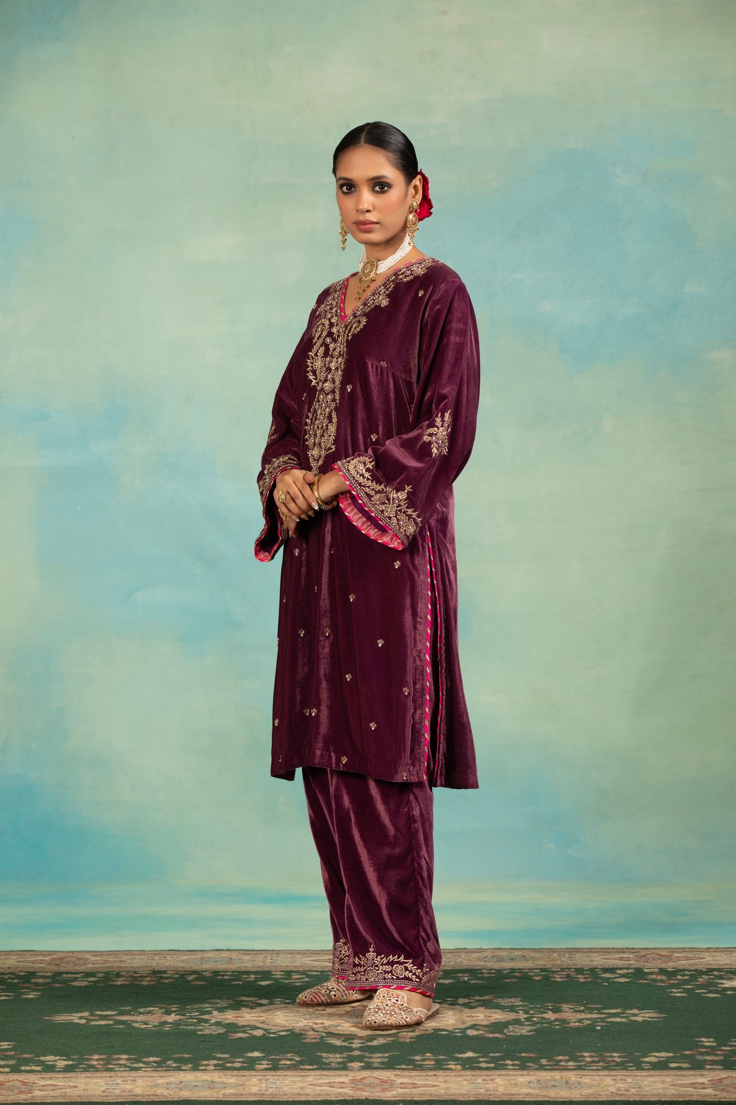 Purple Velvet Zari, Pearls, Embroidery V-neck And Kurta Set