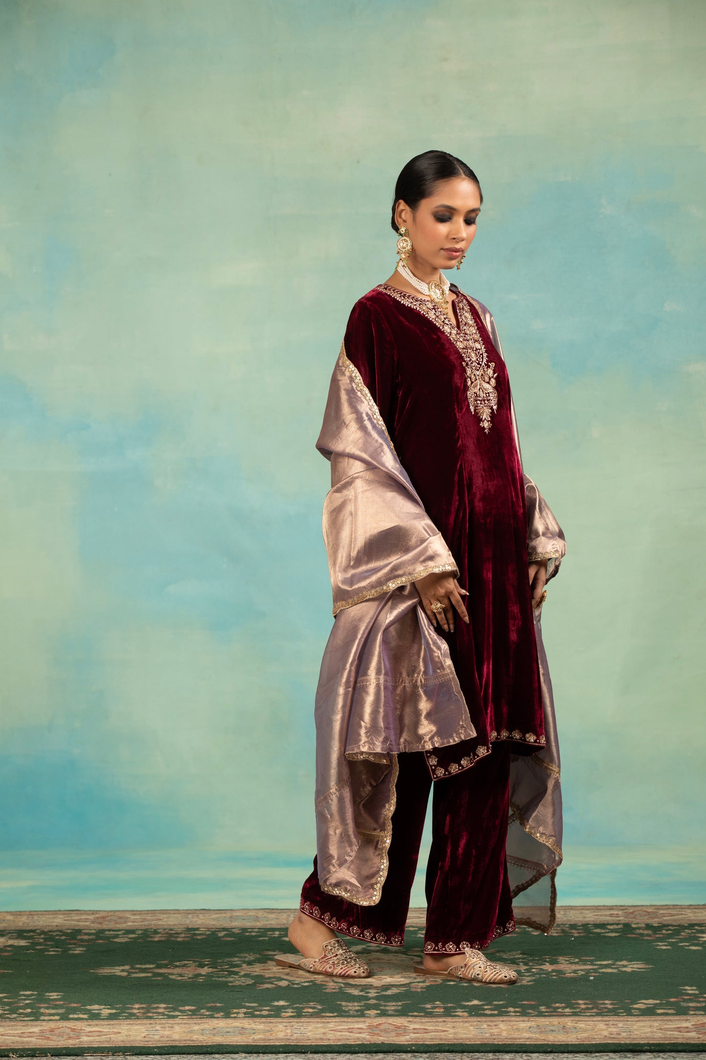 Wine Velvet Dabka Embroidered Kurta Set