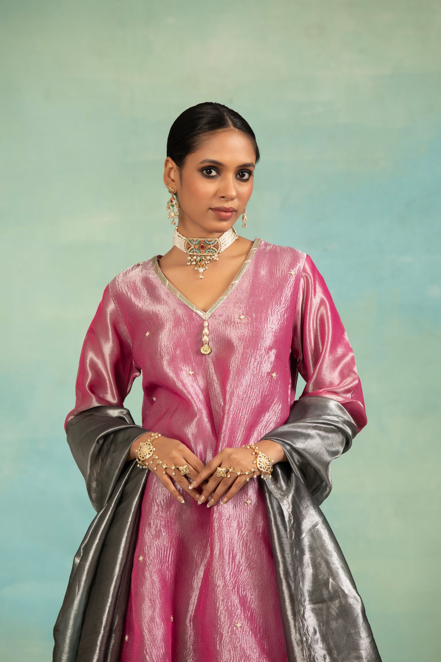 Pink Tissue Sequins, Pearls V-neck And Embroidered Kurta Set