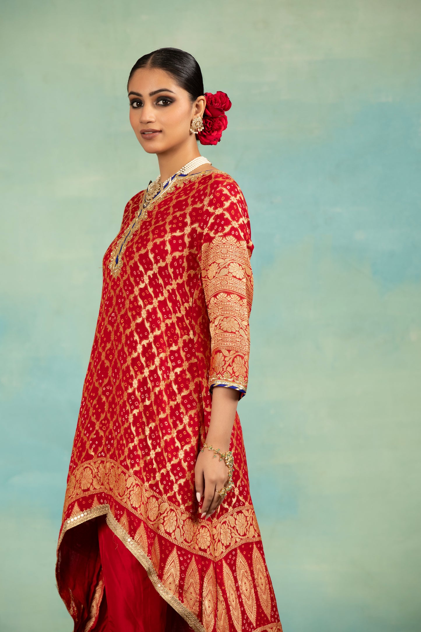 Red Brocade Sequins, Embroidery Mandarin Collar, High-low Kurta Set With Dupatta
