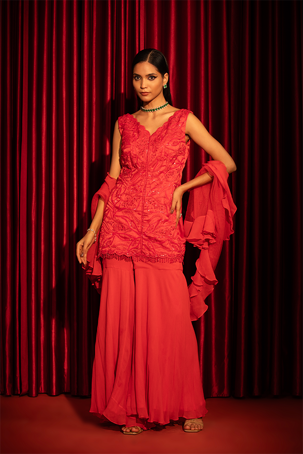 Scarlet Blossom Sharara Set