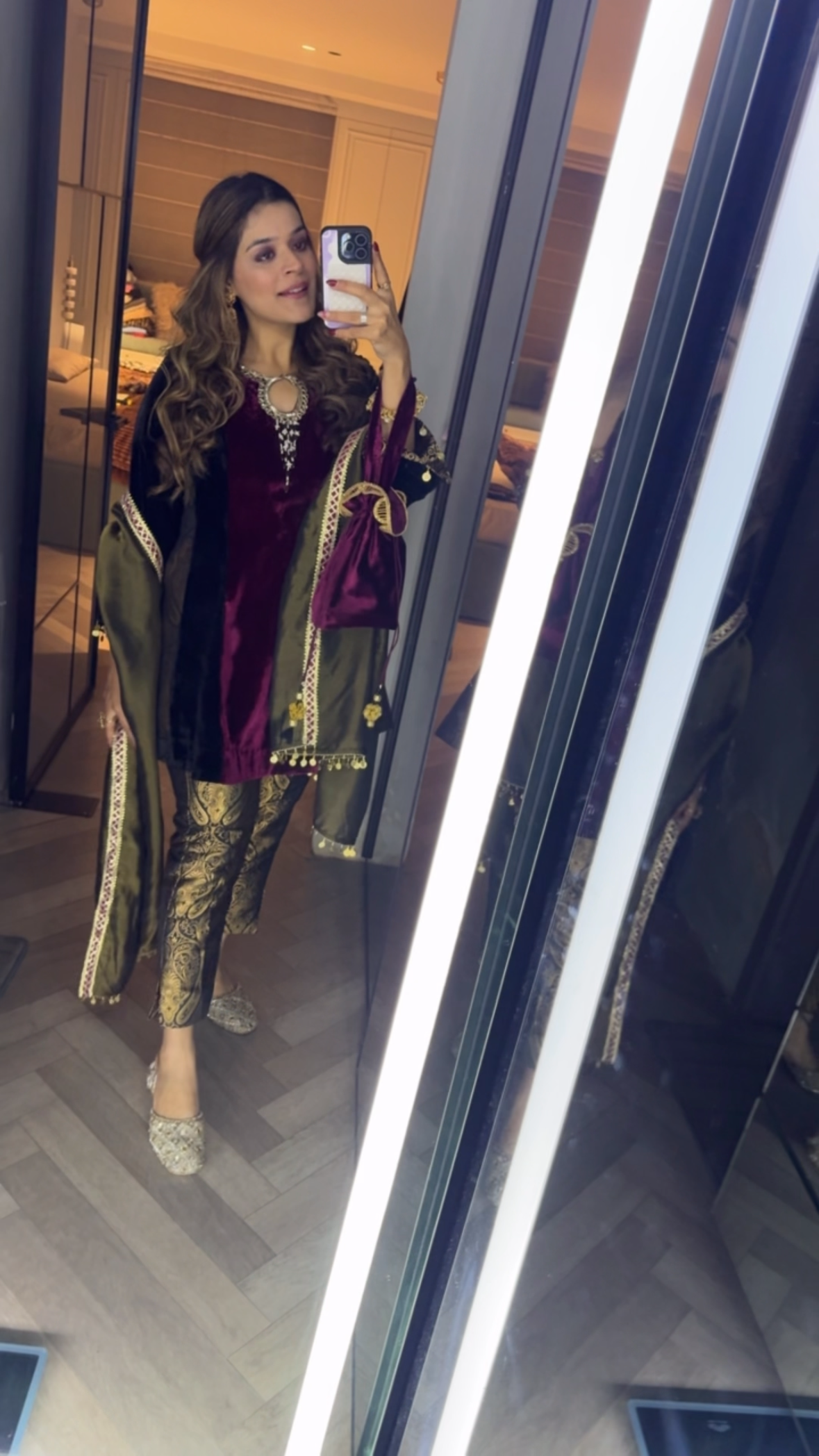 Wine Peplum Velvet Set with Brocade Pants