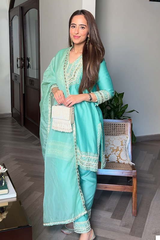 Smridhi Oberoi in Serene Aqua Embroidered Suit Set