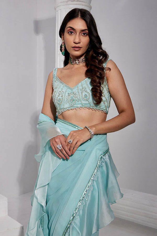 Aqua Dream Ruffled Saree Set