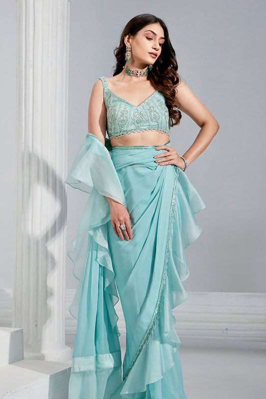 Aqua Dream Ruffled Saree Set