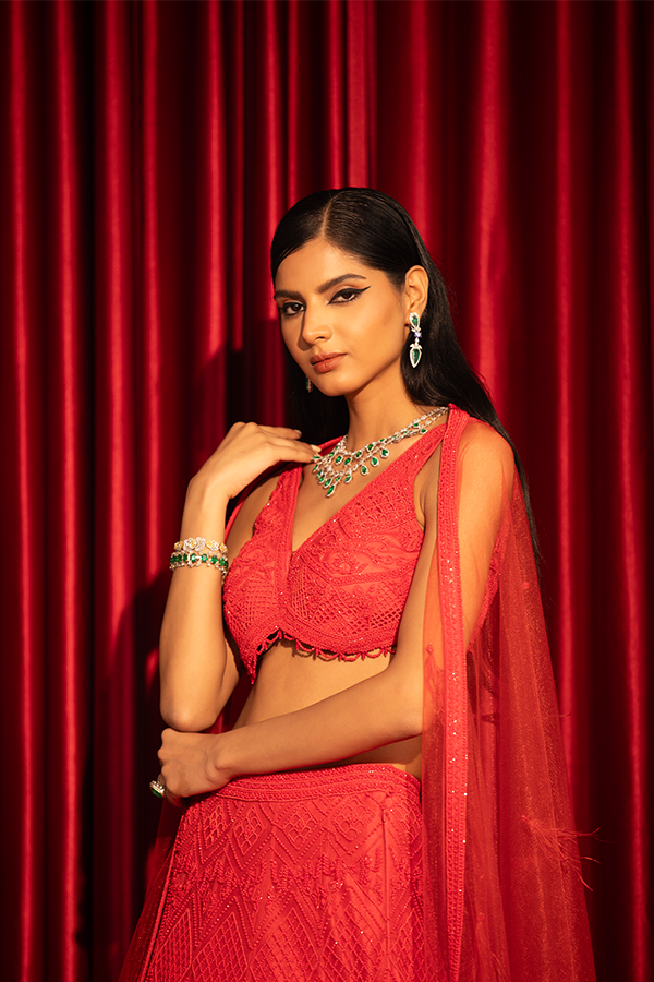 Scarlet Elegance Embroidered Lehenga with Sheer Cape Dupatta