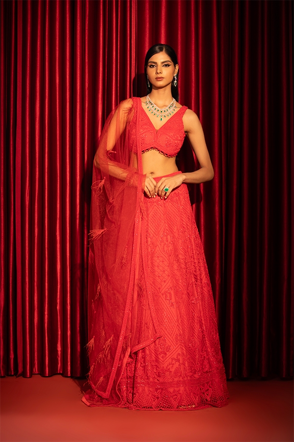 Scarlet Elegance Embroidered Lehenga with Sheer Cape Dupatta