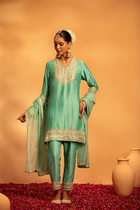 Serene Aqua Embroidered Suit Set