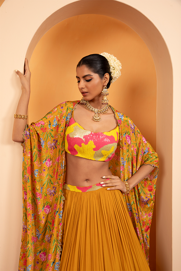 Golden Mirage Floral Cape Lehenga Set
