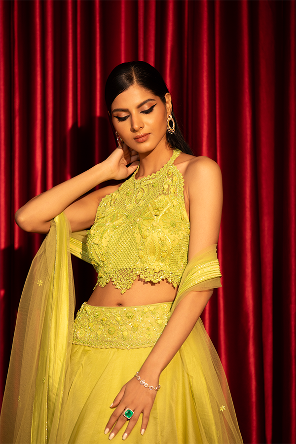 Lime Glow Embroidered Lehenga Set