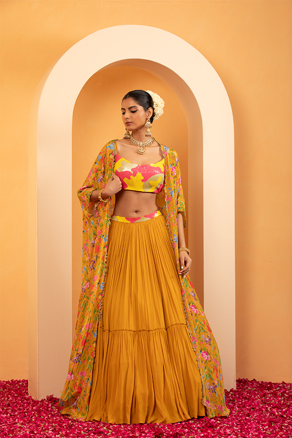 Golden Mirage Floral Cape Lehenga Set
