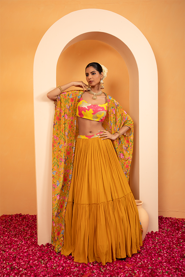 Golden Mirage Floral Cape Lehenga Set