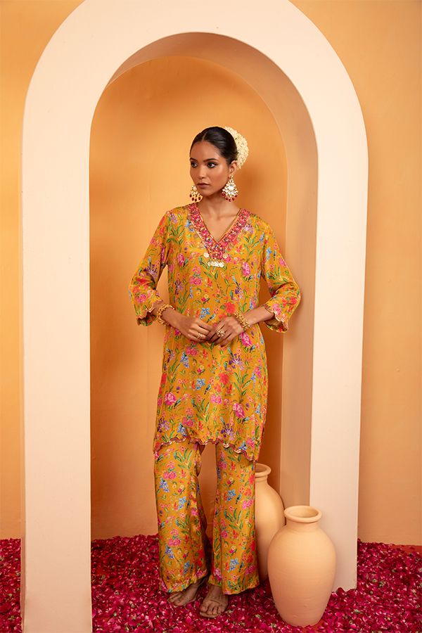 Saffron Bloom Embroidered Kurta Set