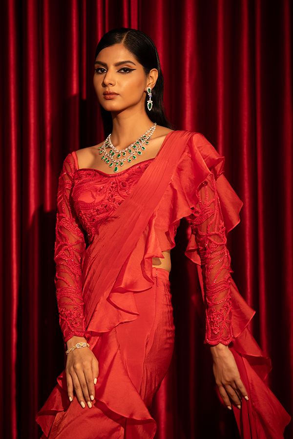 Scarlet Ruffle Saree Set