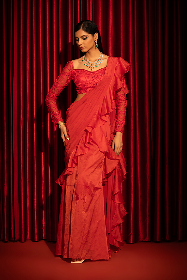 Scarlet Ruffle Saree Set