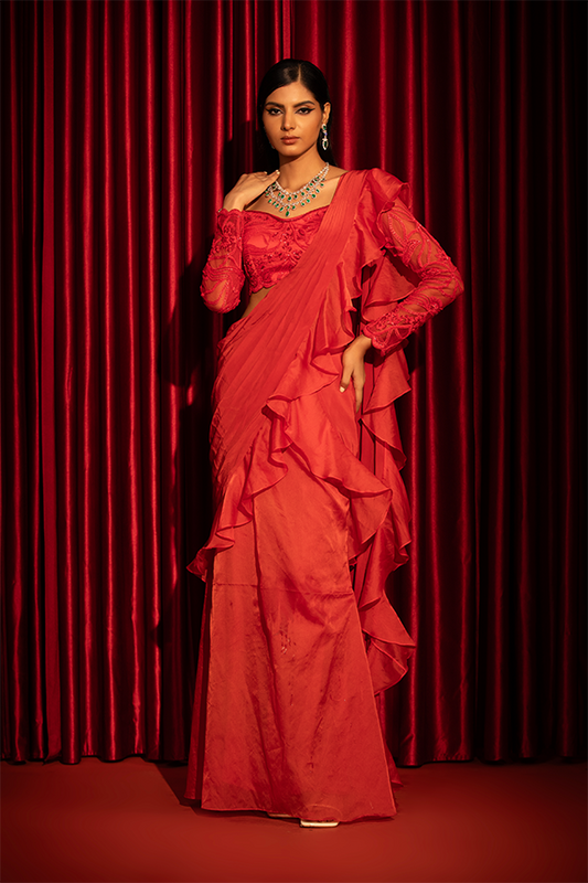 Scarlet Ruffle Saree Set