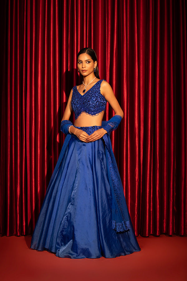 Regal Azure Embellished Blouse with Organza Lehenga
