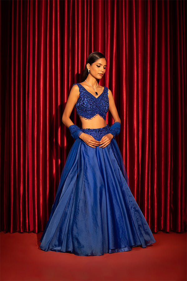 Regal Azure Embellished Blouse with Organza Lehenga