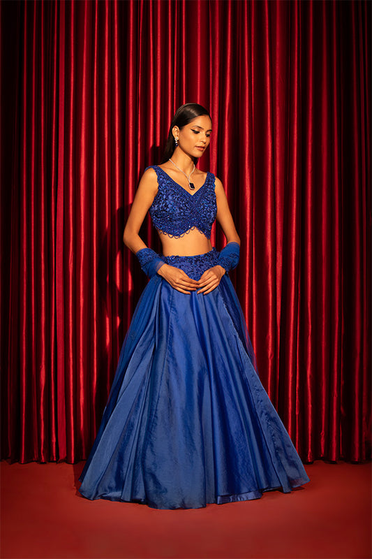 Regal Azure Embellished Blouse with Organza Lehenga