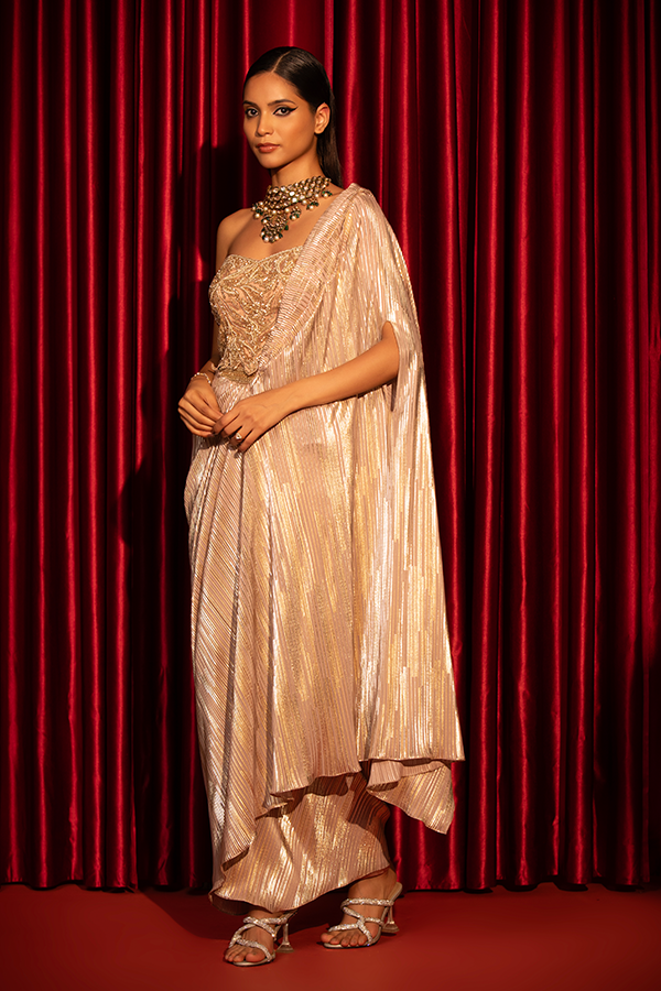 Golden Glimmer Draped  with Embellished Corset Blouse
