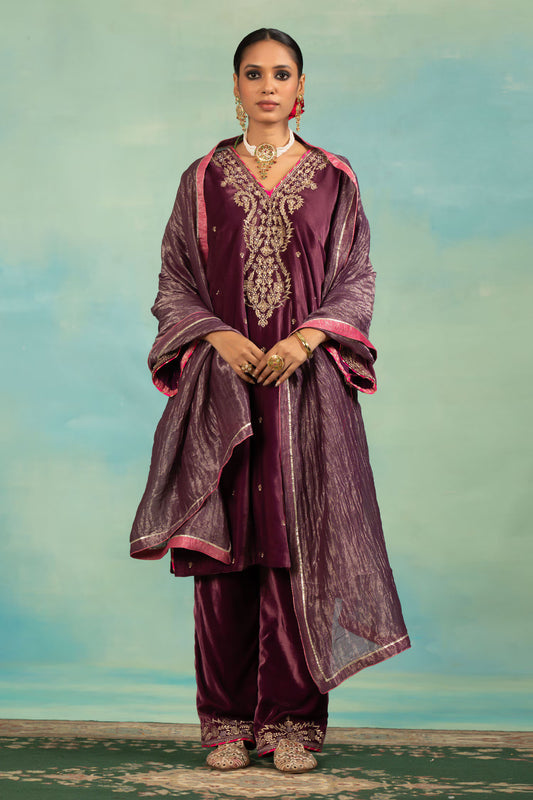 Purple Velvet Zari, Pearls, Embroidery V-neck And Kurta Set