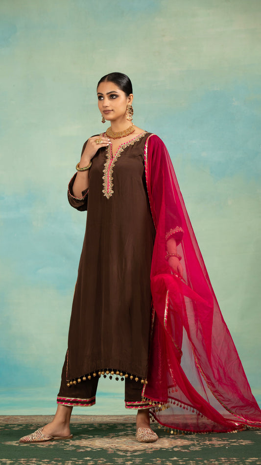 Mocha Crepe Zari and Pearl work Kurta Set
