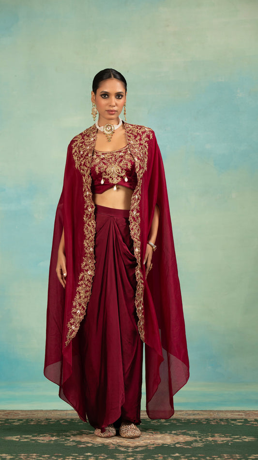 Wine Crepe Embroidery, Beads Open Neck, Dori And Cutdana Cape Blouse Dhoti Set