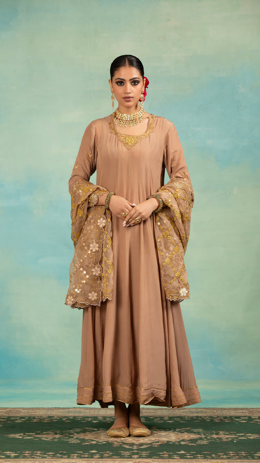 Brown Crepe Anarkali Set With Dupatta