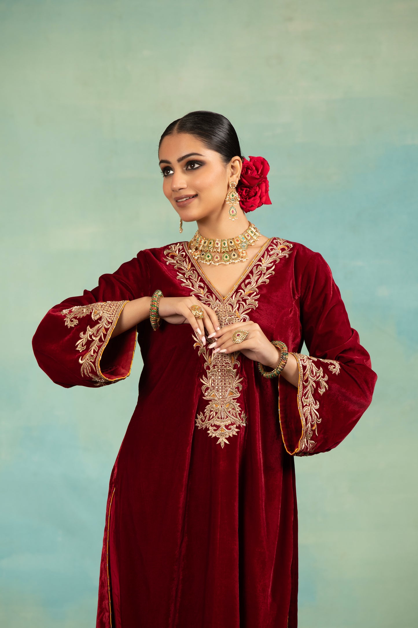 Velvet Dabka Embroidered Kurta Set