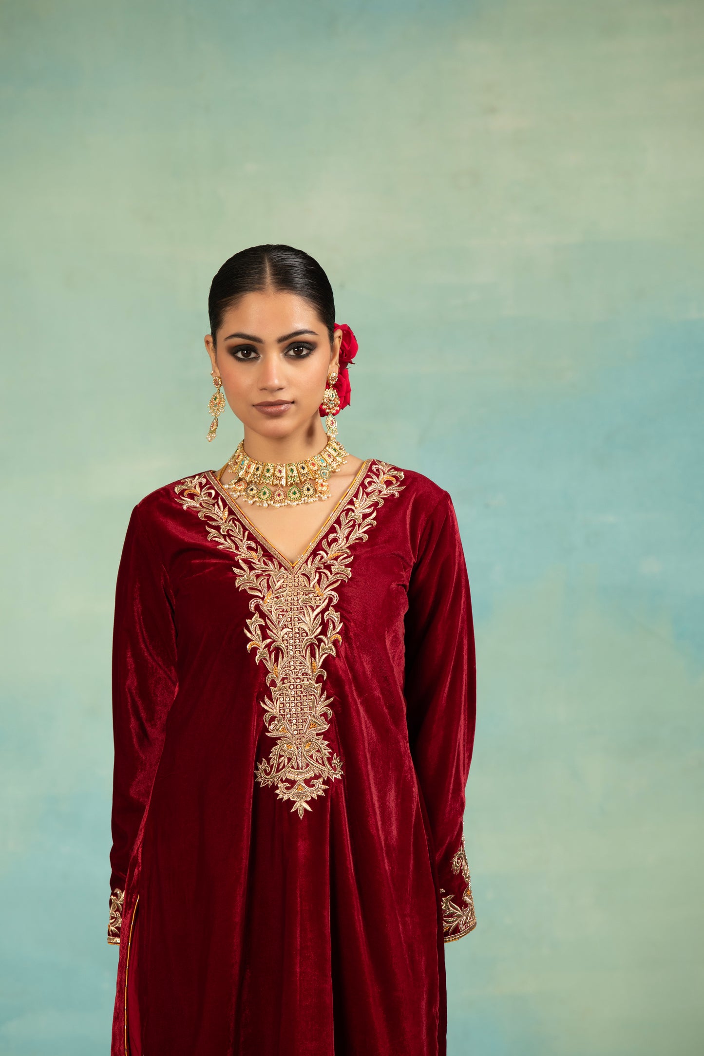 Velvet Dabka Embroidered Kurta Set