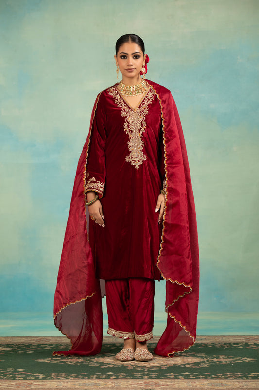 Velvet Dabka Embroidered Kurta Set