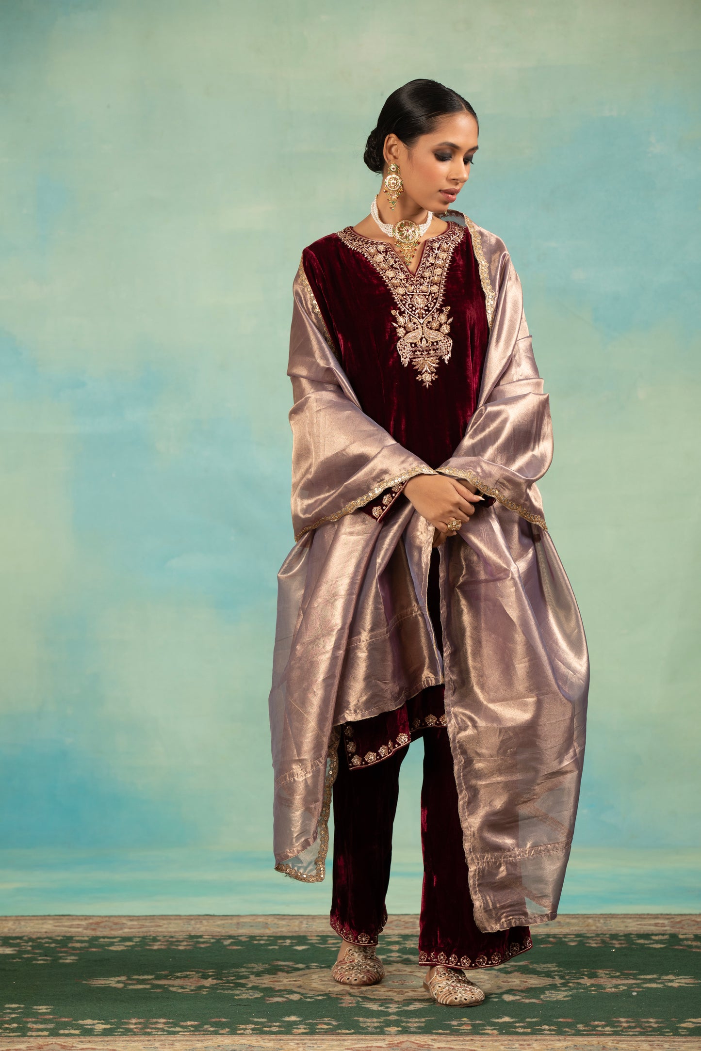 Wine Velvet Dabka Embroidered Kurta Set