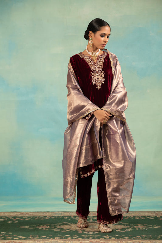 Wine Velvet Dabka Embroidered Kurta Set