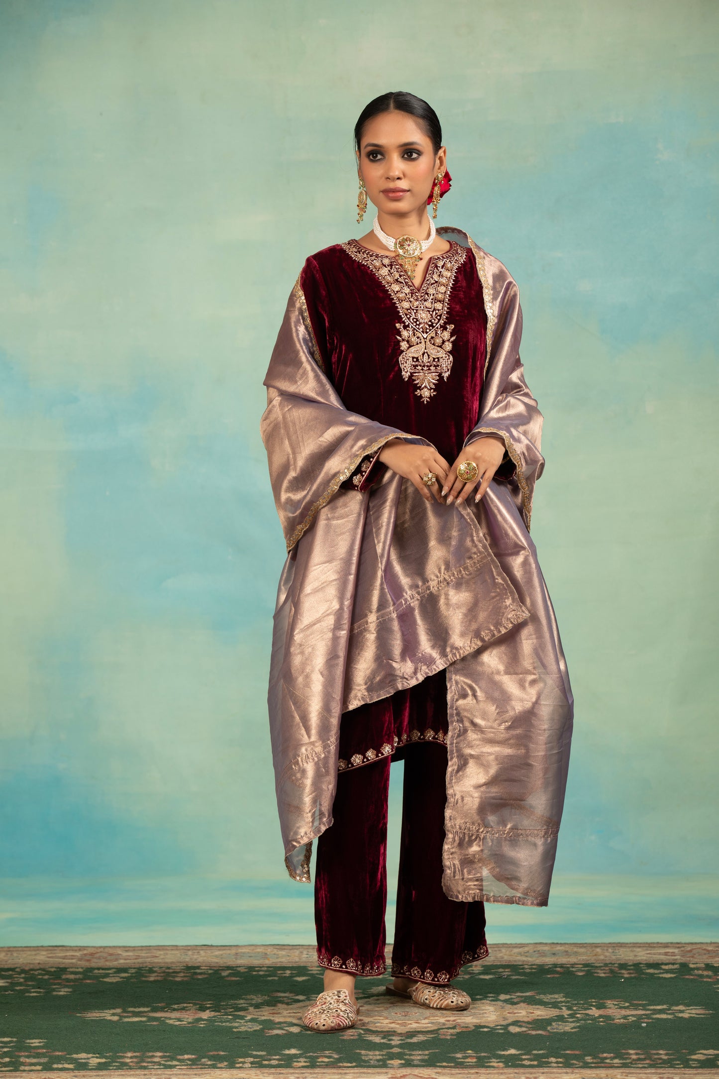 Wine Velvet Dabka Embroidered Kurta Set