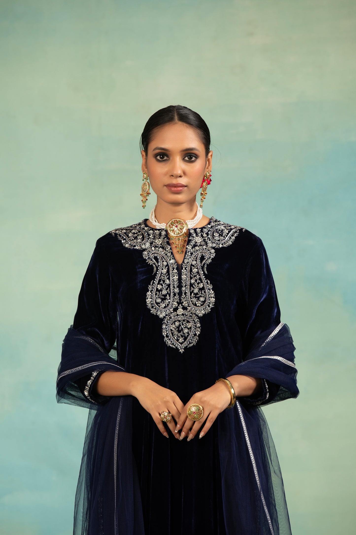 Teal Velvet,  Dabka And Cutdana Kurta Set