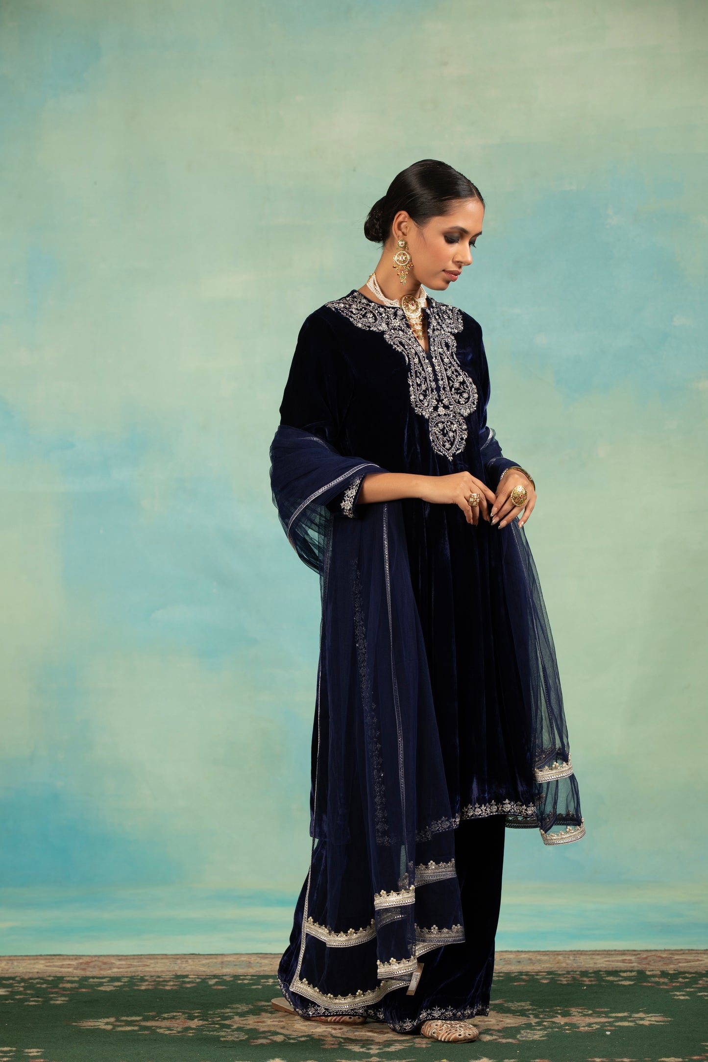 Teal Velvet,  Dabka And Cutdana Kurta Set