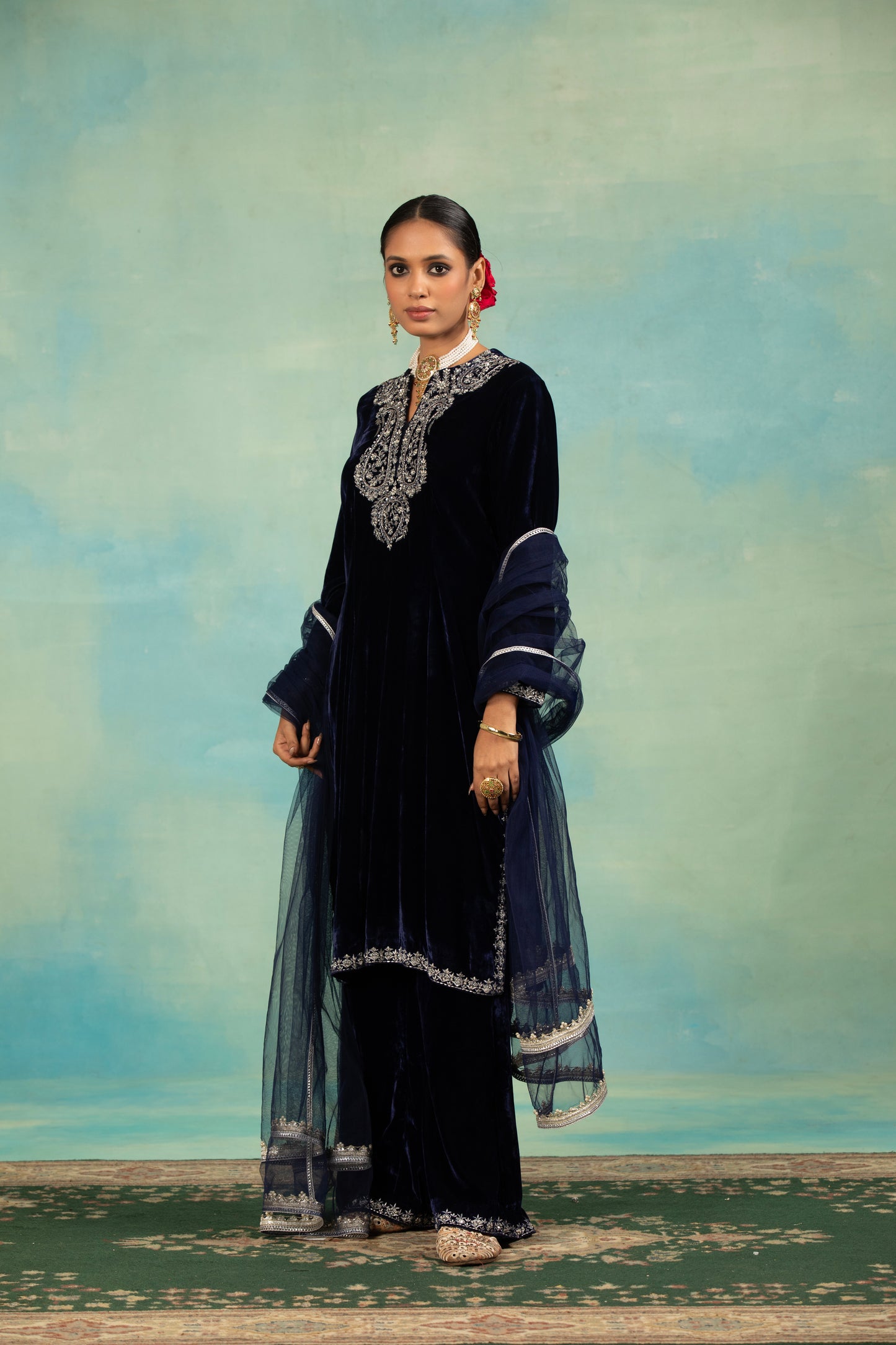 Teal Velvet,  Dabka And Cutdana Kurta Set