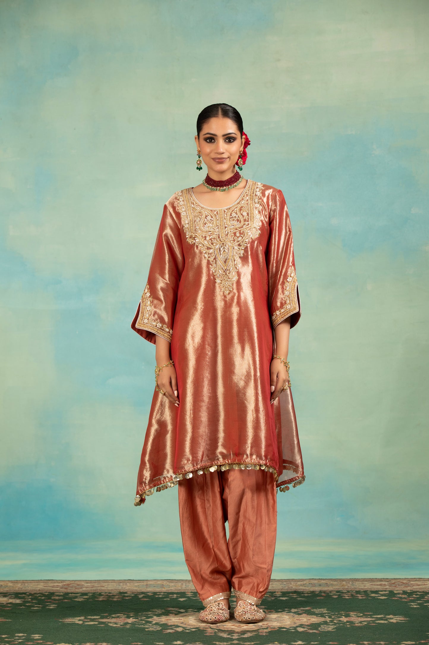Rust Tissue, Chanderi, Organza Zari, Pearls, And Work Kurta Salwar Set