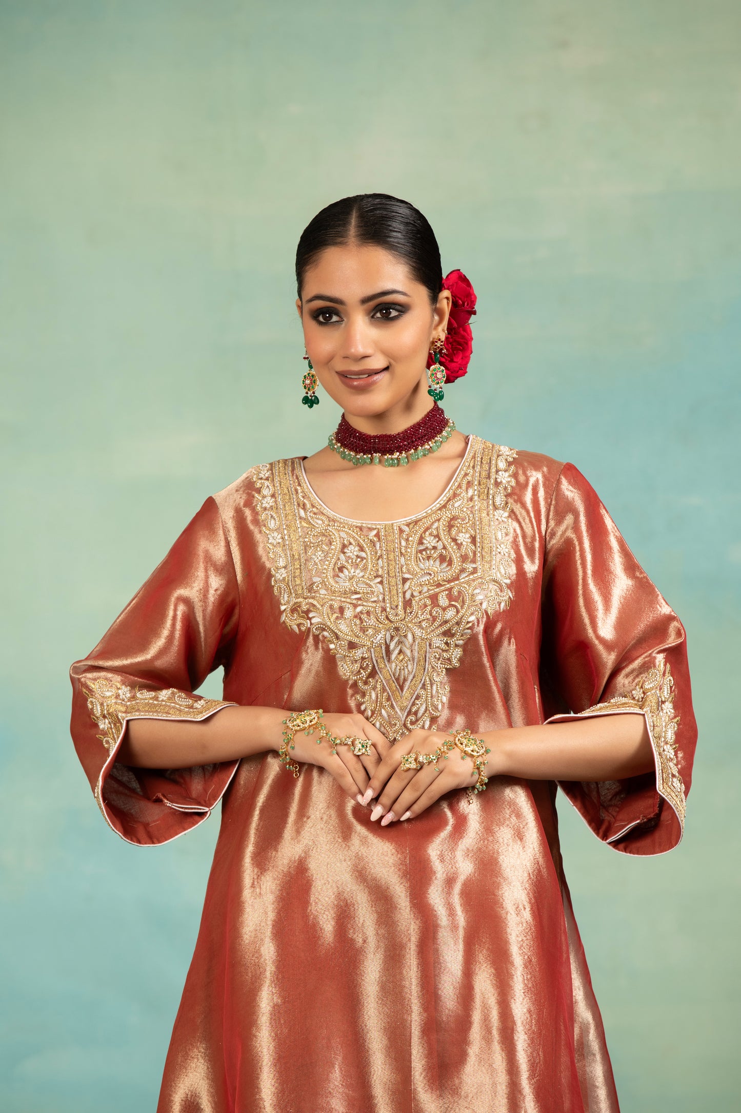 Rust Tissue, Chanderi, Organza Zari, Pearls, And Work Kurta Salwar Set