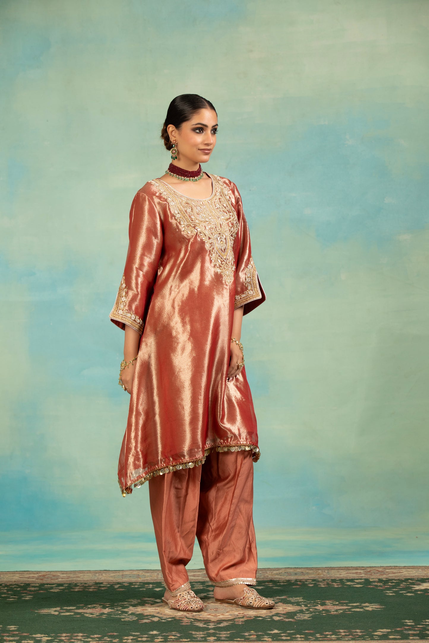 Rust Tissue, Chanderi, Organza Zari, Pearls, And Work Kurta Salwar Set