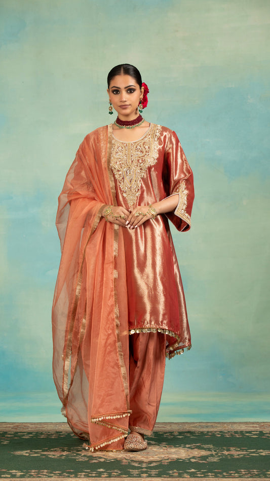 Rust Tissue, Chanderi, Organza Zari, Pearls, And Work Kurta Salwar Set