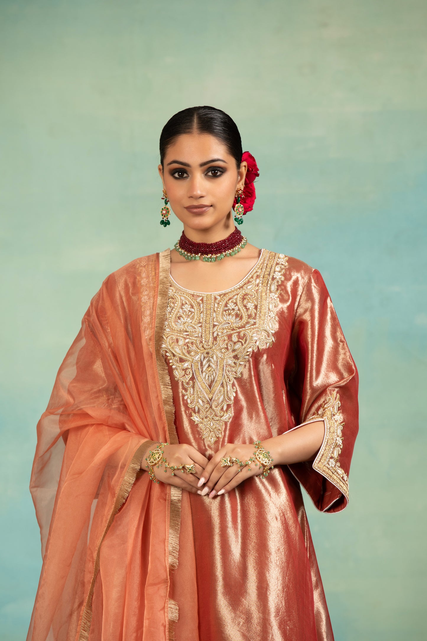 Rust Tissue, Chanderi, Organza Zari, Pearls, And Work Kurta Salwar Set