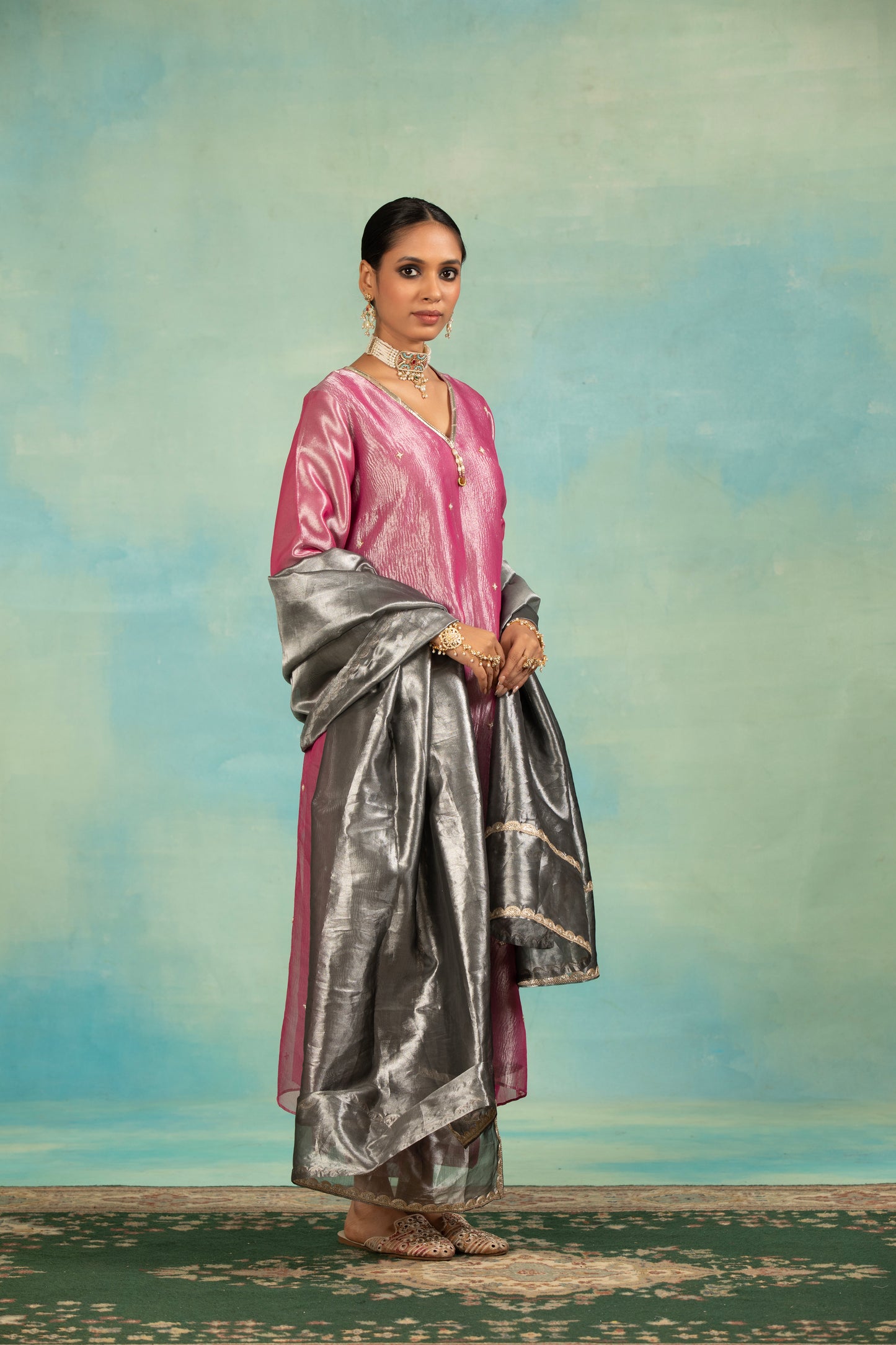 Pink Tissue Sequins, Pearls V-neck And Embroidered Kurta Set