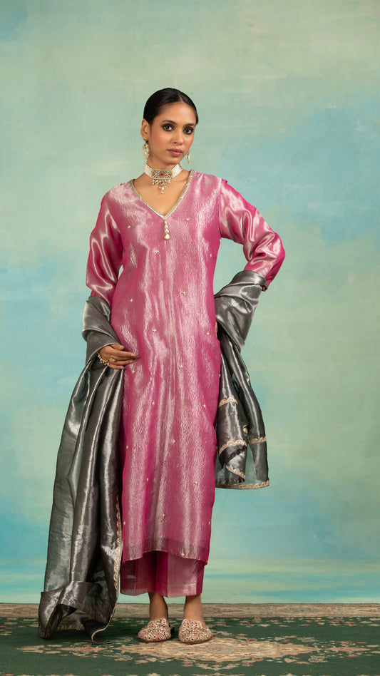 Pink Tissue Sequins, Pearls V-neck And Embroidered Kurta Set