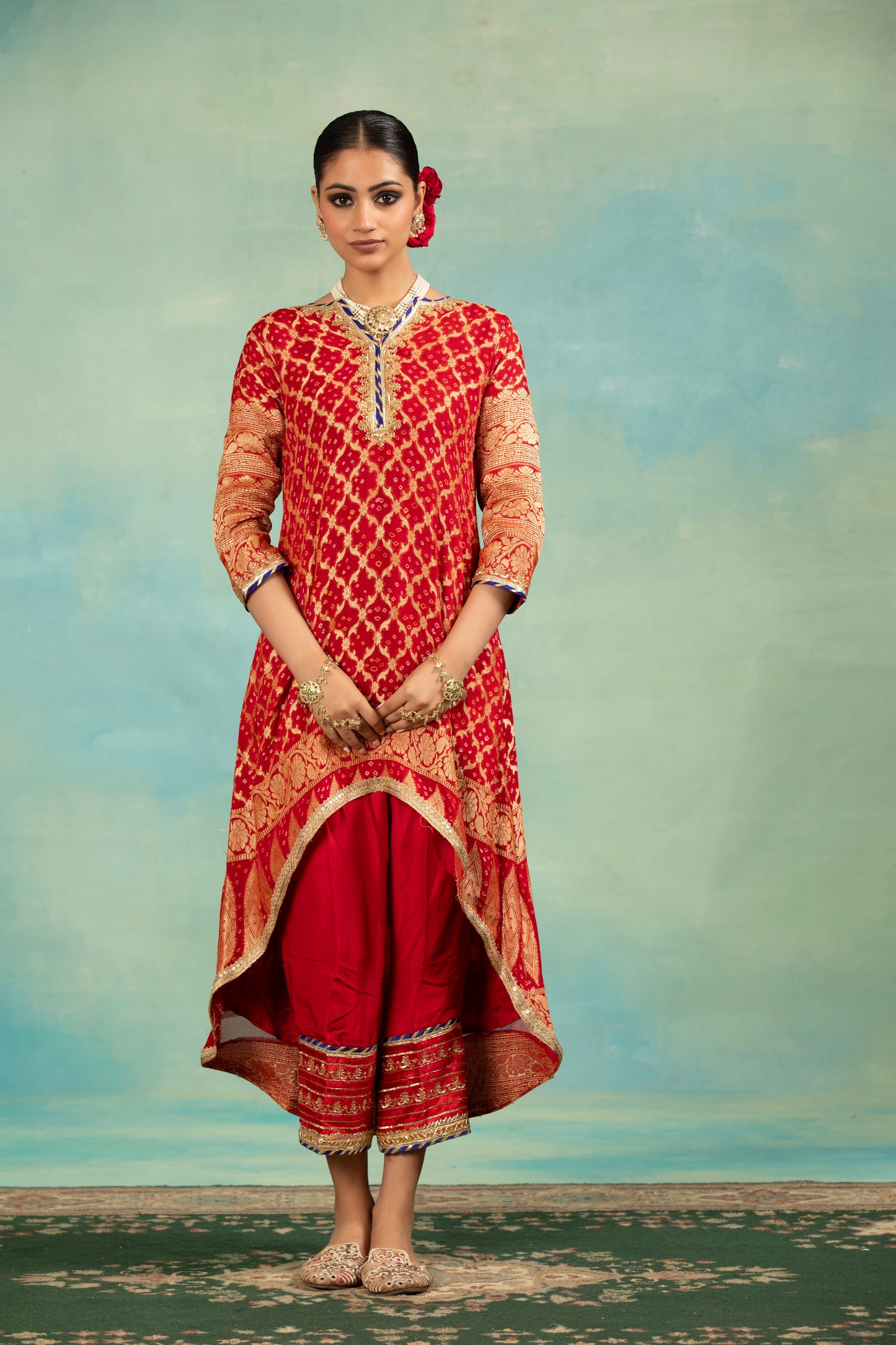Red Brocade Sequins, Embroidery Mandarin Collar, High-low Kurta Set With Dupatta