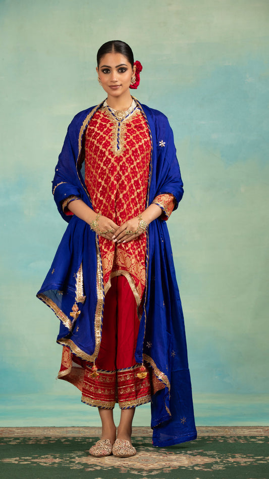 Red Brocade Sequins, Embroidery Mandarin Collar, High-low Kurta Set With Dupatta