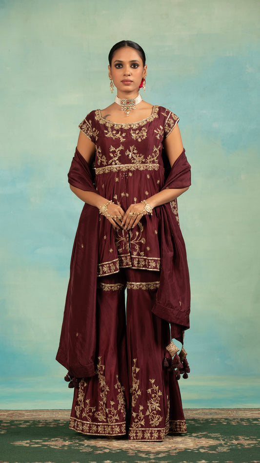 Wine Kurta and Garara Set