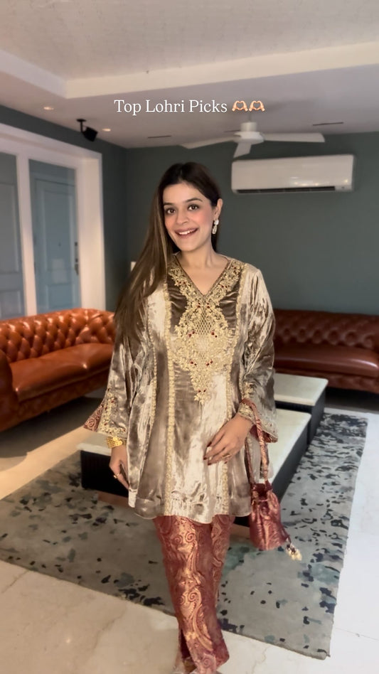 Gold Velvet Peplum Kurta and Brocade Pants