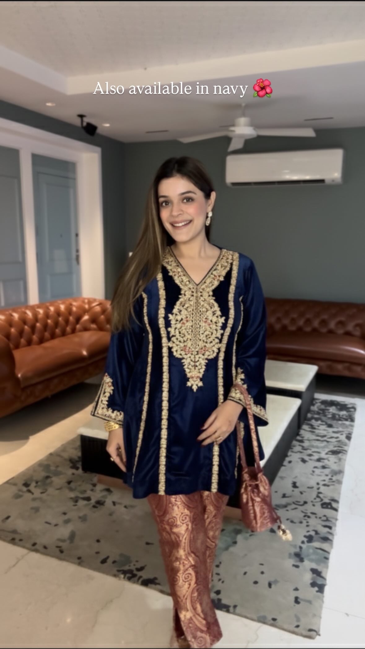 Navy Velvet Peplum Kurta and Brocade Pants
